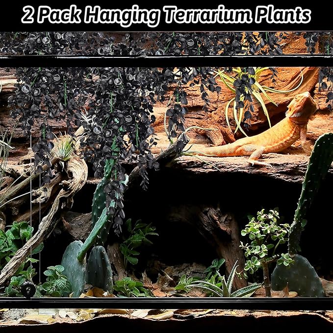 Hamiledyi Reptile Plants, 2 Pack Hanging Terrarium Plants, Artificial Leaves Habitat Decorations with Suction Cup, Fake Amphibian Plants for Bearded Dragon Lizard Hermit Crab Geckos Chameleon(Black)