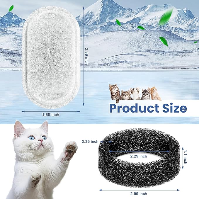 Cat Water Fountain Filter Replacement, 8 Pcs Pet Water Fountain Filters with 8 Pcs Sponges Foam for 67oz/2L & 108oz/3.2L Stainless Steel Automatic Cat Water Fountain Dispenser Filters