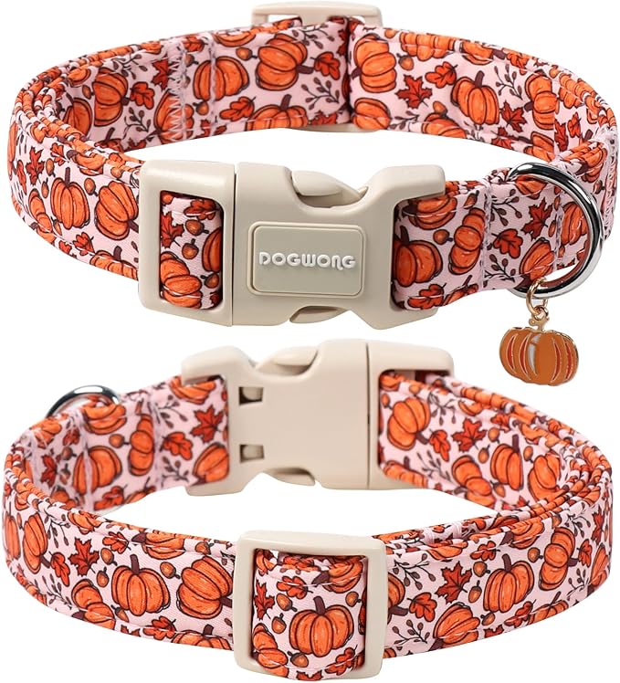 DOGWONG Pumpkin Dog Collar- Cute Pink Fall Dog Collars Adjustable Maple Fall Dog Collar for Small Medium Large Dogs M
