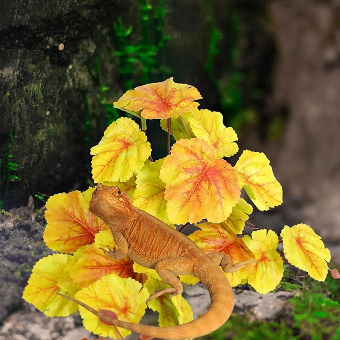 Reptile Plants for Terrarium Decor, Amphibian Habitat Decor Plant, Ball Python Decor Tank Accessories for Gecko Lizard Chameleon Frog Snake Tortoise with Base - Fake Heuchera Micrantha Yellow