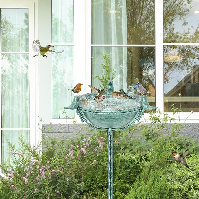 58In Freestanding Birdbaths Bowl Outdoor, Free Standing Garden Bird Bath Feeder Bowl with 3 Bird Statues, Birdbath & Birdfeeder with Metal Stake Garden Yard Lawn Decor (Retro Green)