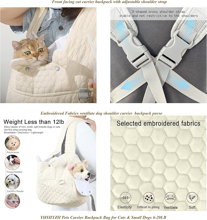 Dog Backpack Carrier for Small Dogs, Cat Carrier Sling, Front Facing Pets Chest, Adjustable Straps & Safety Lock, Hands-Free Dog Carrier, Gifts for Hiking, Biking & Daily, Fit 5-15 Lbs (Beige)