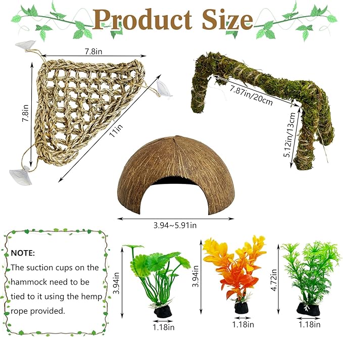 6 PCS Hermit Crab Accessories Set Large Bendable Moss Hermit Crab Climbing Toys Coconut Shell Hut Climbing Hammock with Suction Cup Plastic Plants for Reptile Amphibian