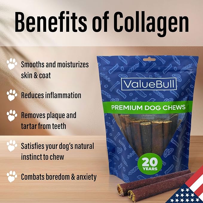 ValueBull USA Collagen Sticks for Dogs, 6 Inch Super Jumbo Chews, Natural Long-Lasting Dog Treats, 50 Count - Promotes Joint, Skin & Coat Health with Glucosamine and Chondroitin