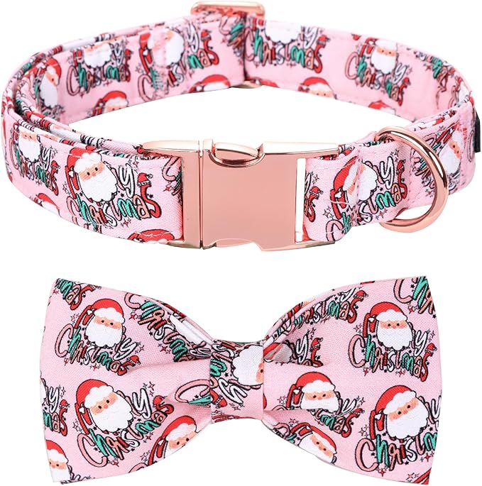 Christmas Dog Collar, Pink Christmas Santa Claus Dog Collar Bow Tie Pet Collars with Bow Adjustable Pet Collars with Premium Metal Buckle Dogs Necklace for Small Girl Dogs