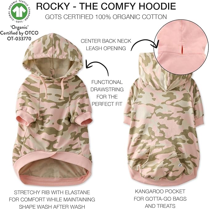 Rocky – The Orginal Lightweight Hooded TEE 100% Organic Cotton Dog Hoodie Pet Coat Sweater for Small, Medium, Large Dogs, Pink Camo, X-Small