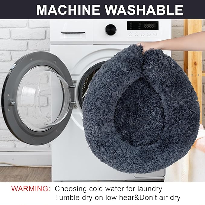 Dog Calming Beds for Small Medium Large Dogs - Round Donut Washable Puppy Dog Bed, Anti-Slip Faux Fur Fluffy Donut Cuddle Anxiety Cat Pet Bed(32" Dark Grey)