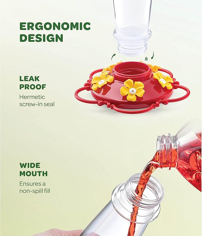 Hummingbird Feeder 10 oz [Set of 2] Glass Feeders for Outdoors, with Built-in Ant Guard - Circular Perch with 5 Feeding Ports - Wide Mouth for Easy Filling/2 Part Base for Easy Cleaning