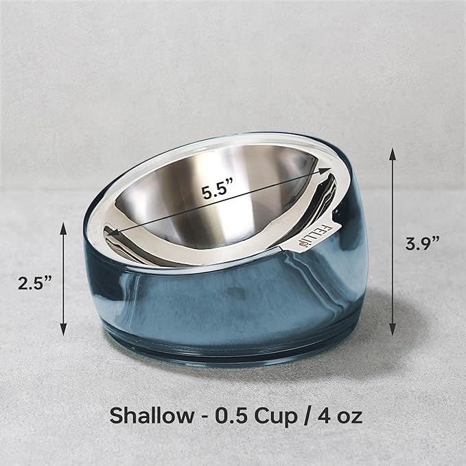 Felli Oblik Elevated Cat Food Bowls 304 Stainless Steel Removable Flat Dish for Whisker Fatigue & Dishwasher Easy Clean, Raised Tilted Stand Non Slip + Wide Metal Plate Anti Vomit (0.5Cup, Shadow)