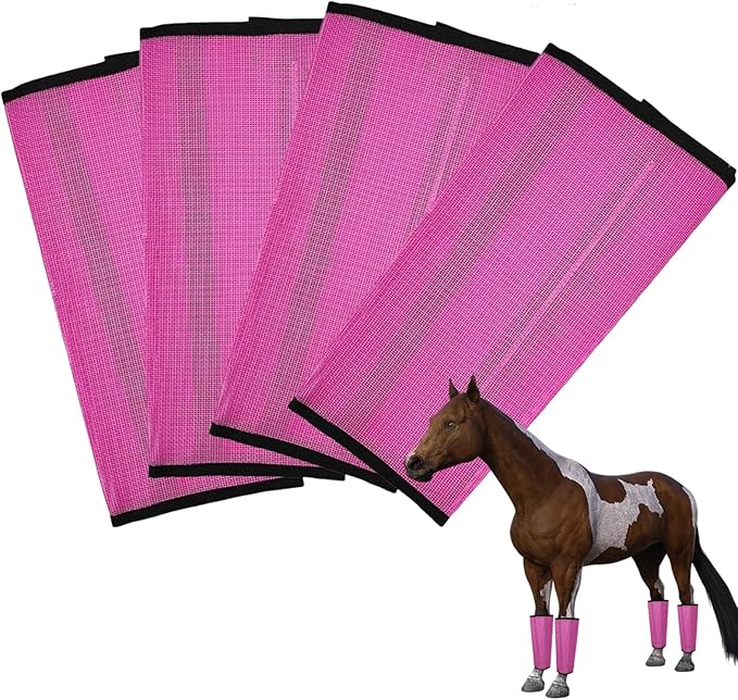 Mesh Horse Fly Boots Set of 4, Breathable Loose Fitting Leggings for Horses, Reduces Stomping & Fatigue, Leg Fly Protection (Rose red)
