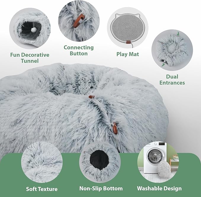 Cat Tunnel Donut Bed & Cat Scratch Pad, Interactive Cat Tunnels for Indoor Cats, Fits Multiple Cats Up to 15 lbs, Cozy and Durable Cat Hideaway Toy for Kittens, Puppies, Rabbits (Grey)