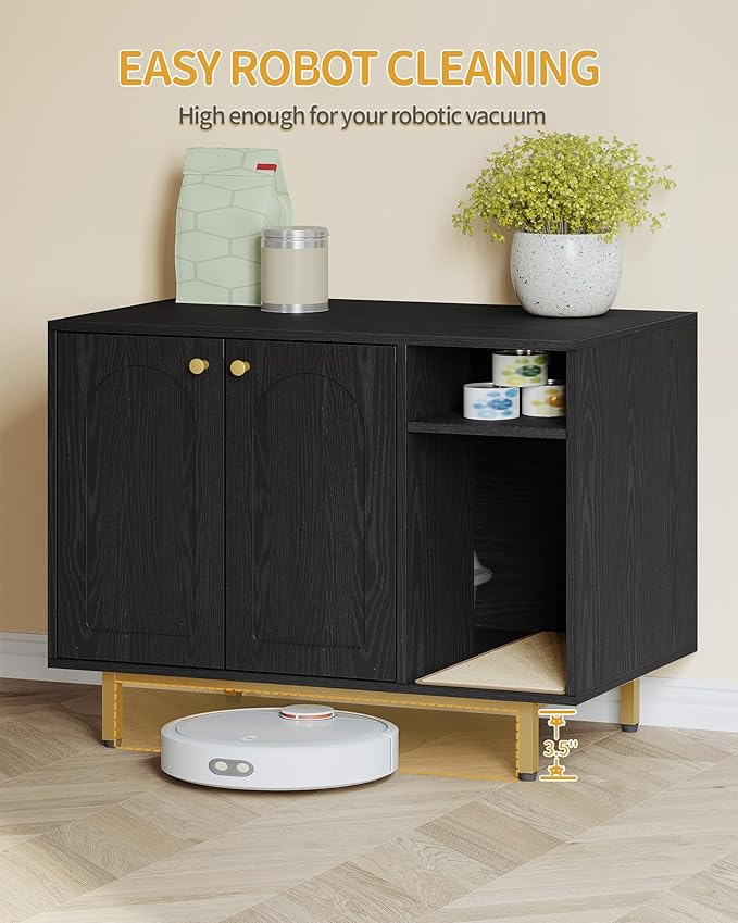 Cat Litter Box Enclosure Enclosed, Hidden Litter Box Cabinet Furniture with Storage, Wooden Indoor Cat House Large, Modern End Table for Living Room Entryway, Black and Gold CB01504G
