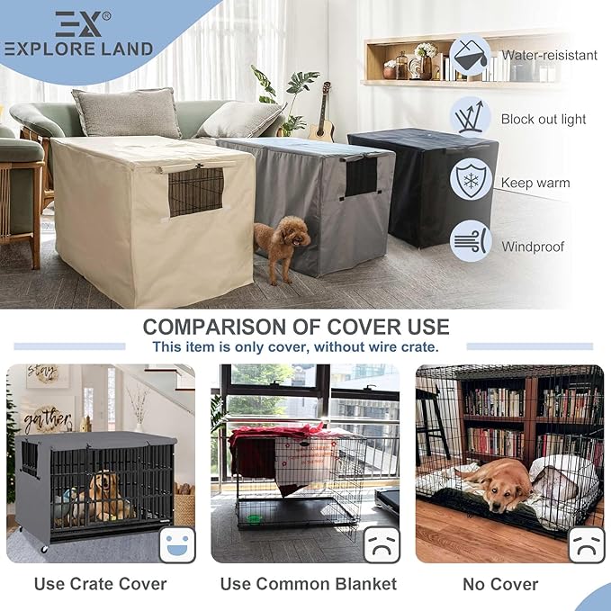 Explore Land Dog Crate Cover Heavy Duty Polyester Pet Kennel Sunshade Universal Fit for 24 inches Wire Cage (Grey)