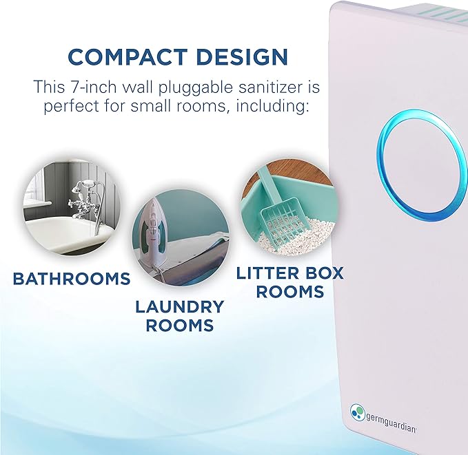 Germ Guardian GG1100W 7” Pluggable Small Air Purifier, Small Room Wall Air Sanitizer, Freshens Air, UV-C Light Kills Germs, Reduces Odors from Pets, Cooking, Mold, GermGuardian, 1-Yr Wty (White)