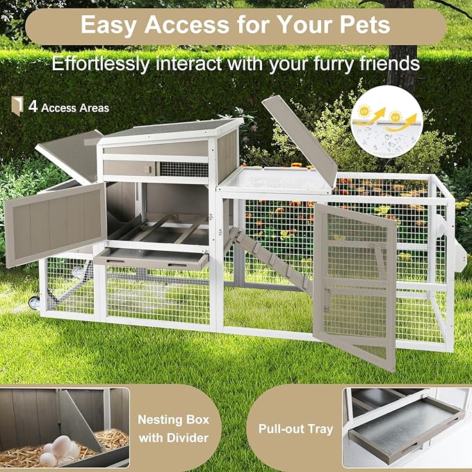 Chicken Coop Chicken House Outdoor with 3 Perches, Nesting Box and Removable Tray Hen House Rabbit Hutch Chicken Poultry Cage with Ramp Run for Garden Backyard