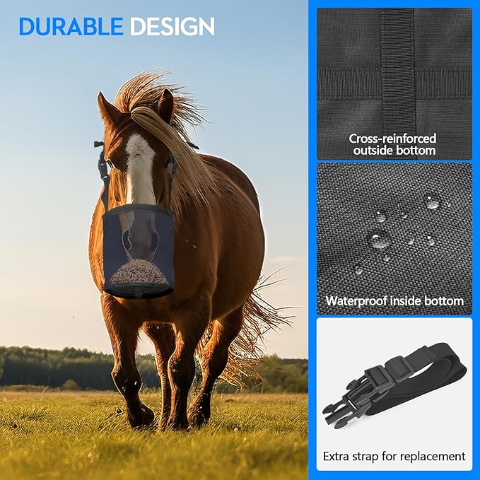 Horse Feed Bag Pack of 2, Feed Bags for Horses with Ventilation Mesh, Comfort Nose Pad Neck Pad, Adjustable Strap, Spill Proof Design for Independent Feeding Grain, Supplements (Black Blue)