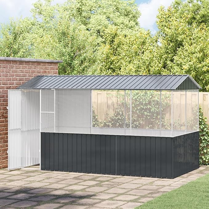 Walk-in Bird Aviary Cage, Suitable for Various Small Animals, Anthracite Galvanized Steel, 82.3"x163.4"x91.7",-358