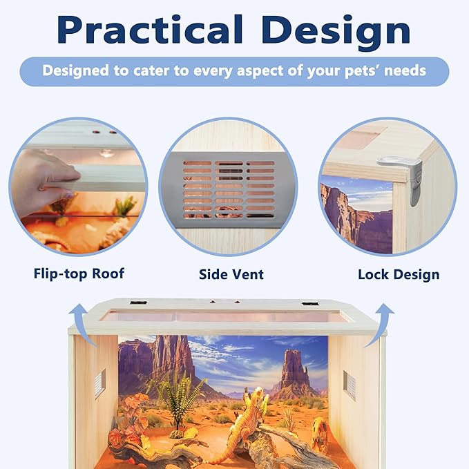 Prolee 26 Gallon Reptile Tank, Tempered Glass Bearded Dragon Tank with Wooden Roof and Lockable Doors, Large Lizard Habitat for Snakes, Iguanas, Chameleons (Oak)