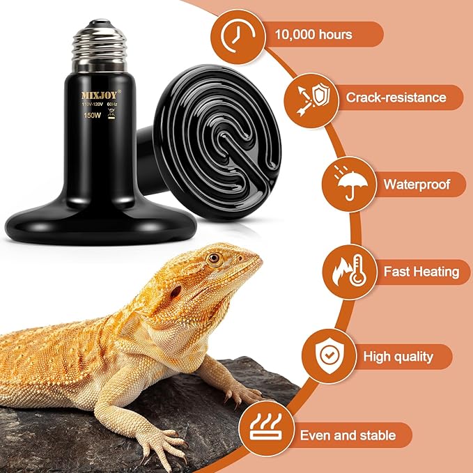 MIXJOY 150W Ceramic Heat Emitters - 2Pack No Light Reptile Heat Bulbs for Gecko, Lizard, Bearded Dragon, Turtle, Snake & Chicken