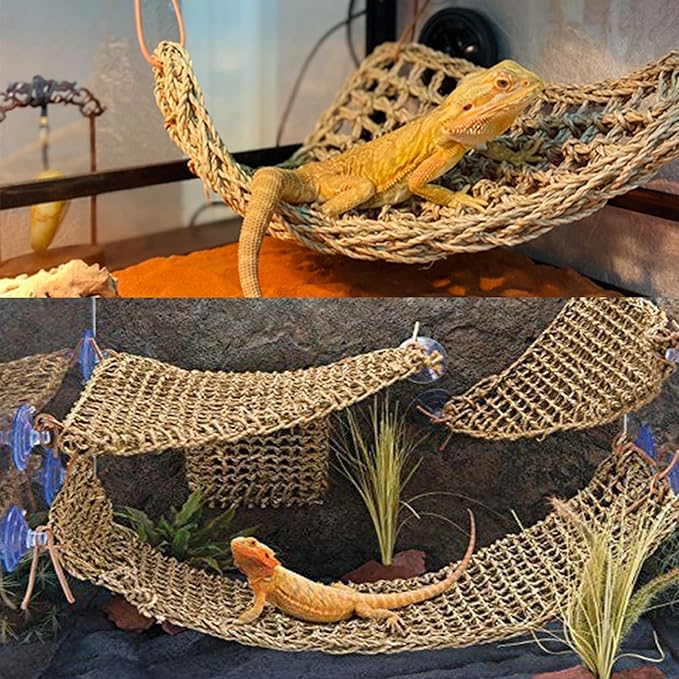Tfwadmx Bearded Dragon Hammock Lizard Lounger Natural Seagrass Fiber Reptile Climbing Toys Jungle Climber Vines Decor for Hermit Crabs Geckos Snakes