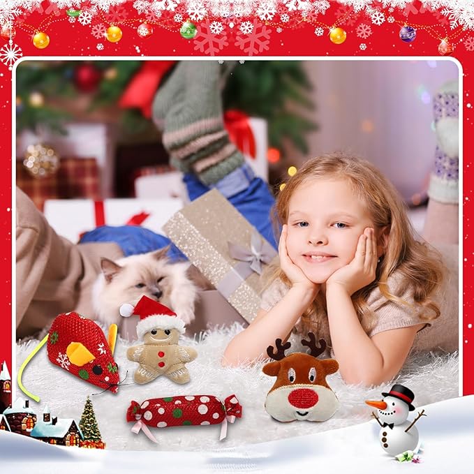 8 Pieces Christmas Cat Toys Catnip Toys Cat Chew Bite Resistant Toys Cat Plush Santa Claus Snowman Tree Toys for Christmas Holiday Cat Lover Gift