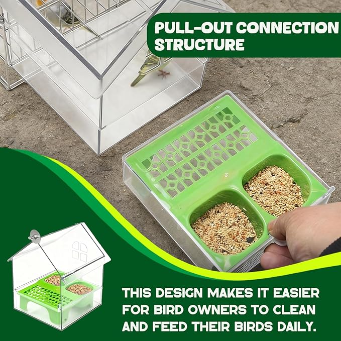 Pull-Out External Parrot Feeder, No Mess Bird Feeder, Decorative Transparent Bird Bath Tub with Two Food Slots, Easy to Fill Hold and Clean, Suitable for Parrot & Finch