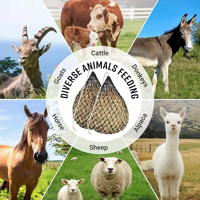 2 PCS Slow Feed Hay Net,36 Inch Length Hay Nets for Horses, Goats,Sheep,Donkey,Premium PE Material Hay Feeder Net Easy to Hang with Top Drawstring