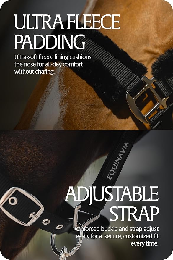 Equinavia Valkyrie Ultra Fleece Breakaway Horse Halter | Padded Fleece Adjustable Safety Halter with Nylon Webbing - Black/Black - Warmblood
