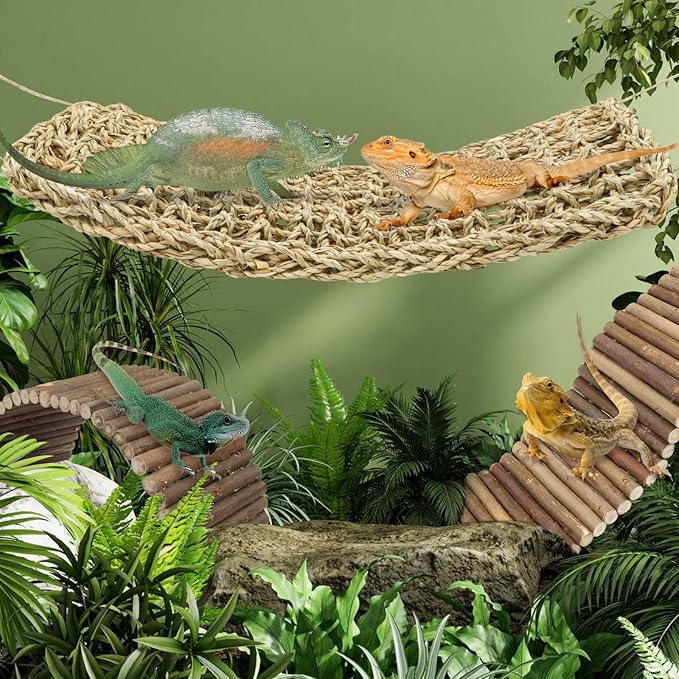 Bearded Dragon Tank Accessories, 3pack Reptile Habitat Hammock Natural Seagrass and Natural Wood Bendable Bridge for Climbing, Hermit Crab, Lizard, Mice, Spiders, Turtle, Snake