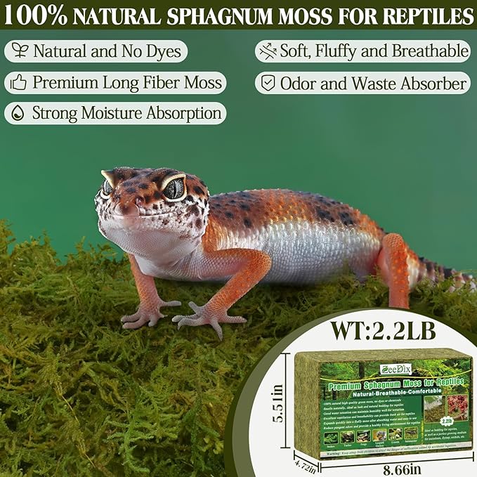 ZeeDix 2.2 lb Sphagnum Moss for Reptiles,20 qt Reptile Bedding Substrate Tank Accessories Terrarium Moss, Green Forest Moss for Leopards Geckos Snakes Turtles Frogs