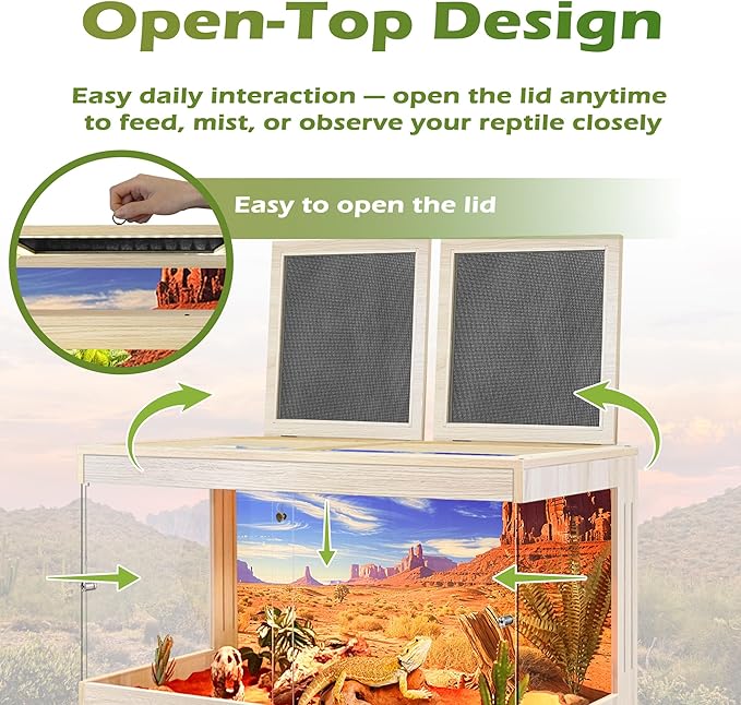 ROYXEN Bearded Dragon Tank with Leg Stand,Tempered Glass Reptile Tank with Metal Mesh Top, 3-Side Clear Anti-Scratch Glass Lizard Tank,Snake Tank for Reptile Habitat (Oak, 24Gallons,24" Length)