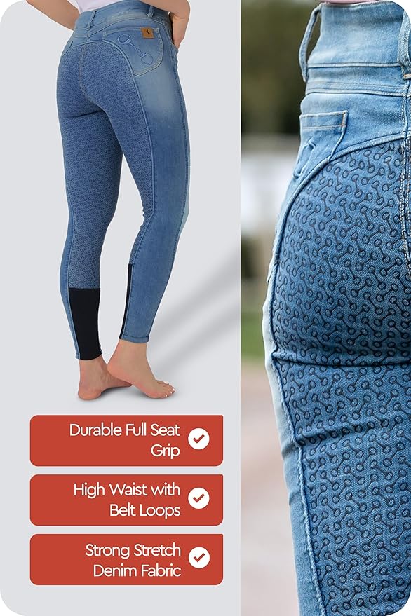 HORZE Kaia Womens Denim Horse Riding Pants | High Waist Silicone Full Seat Breeches | Accurate Size Chart