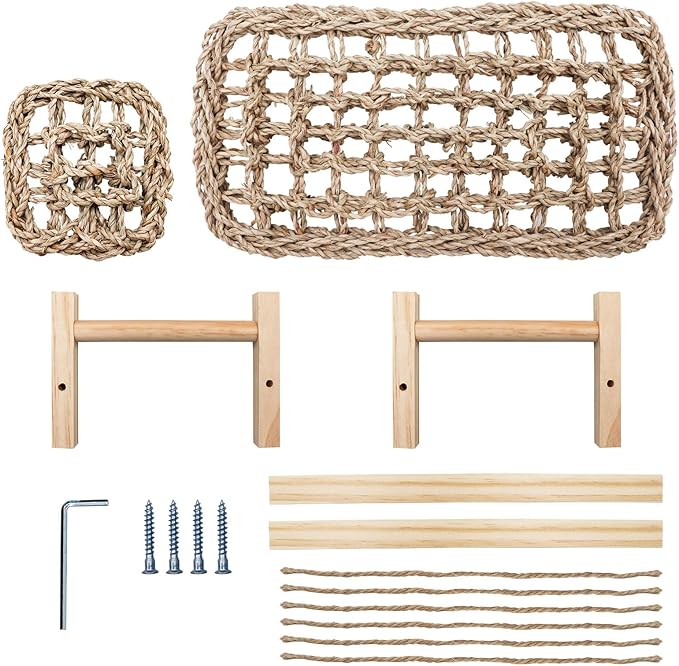 Dnoifne Bearded Dragon Bed with Climbing Ramp - Natural Wood and Seagrass Hammock, Reptile Tank Basking Platform Accessories for Leopard Gecko Lizard Frog - 12.6 × 7.1 × 3.9 inch