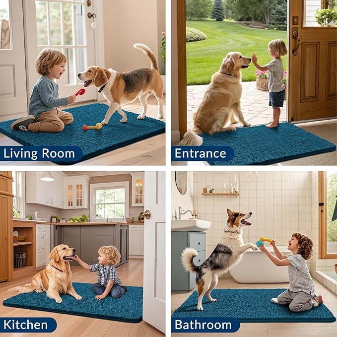 Smiry Dog Door Mat for Muddy Paws 48x30, Absorbs Moisture and Dirt Doormat, Non-Slip Washable Quick Dry Chenille Front Door Mat Indoor Entrance, Entryway Carpet for Inside Floor, Atlantic Blue