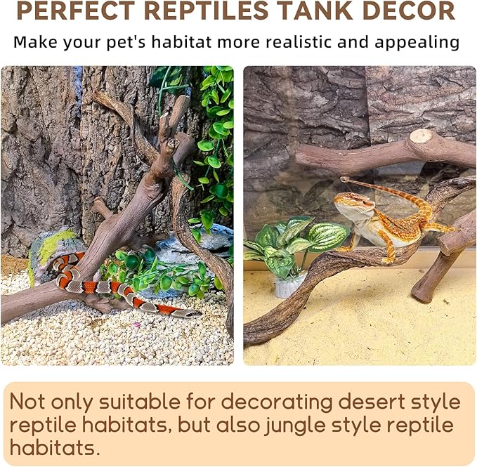 BNOSDM 2PCS Reptile Wood Branches, Snake Climbing Branch, Bearded Dragon Climbing Accessories, Lizard Habitat Decor, Terrarium Tree Trunk Ornament for Gecko Frog Chameleon Spider
