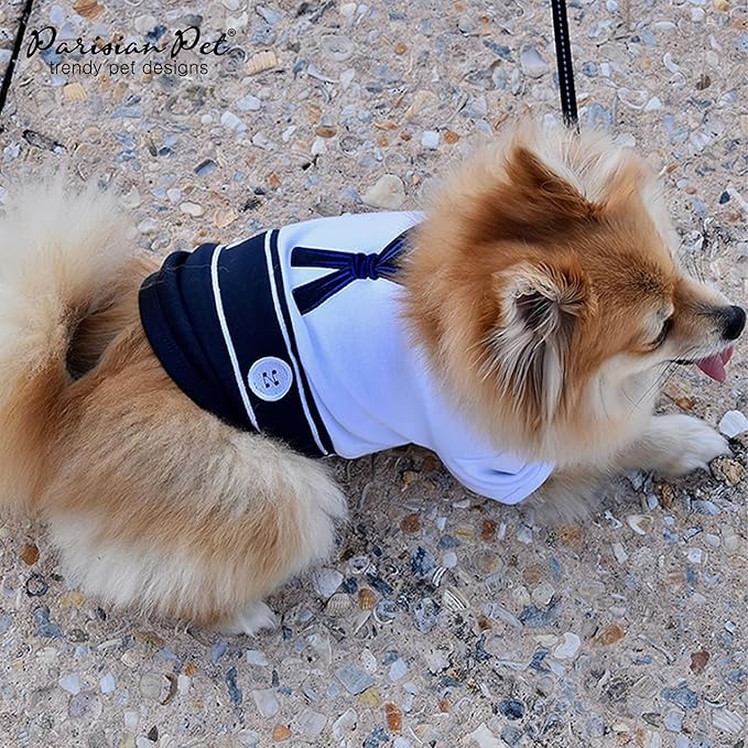 Parisian Pet Sailor Dog Costume - Embroidered Sleeved Dog Shirt - 100% Cotton & Polyester - Blue & White - XL