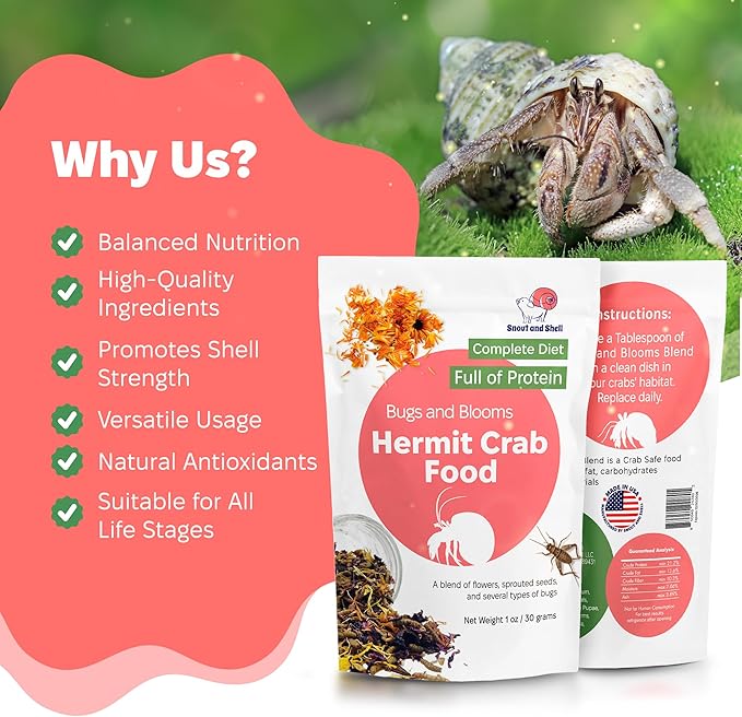 Snout and Shell Bugs and Blooms Hermit Crab Food - 1 oz - 30 Grams - Whole Food Diet for Hermit Crabs - Seeds, Bugs and More