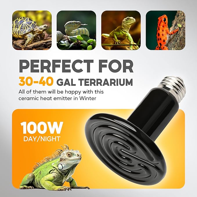 HealSmart 100W Reptile Heat Lamp Ceramic Heat Emitter, No Light Emitting Heat Bulbs, Suitable for Snake/Lizard/Spider, Plant Growth and Incubating Chicken, 2-Pack