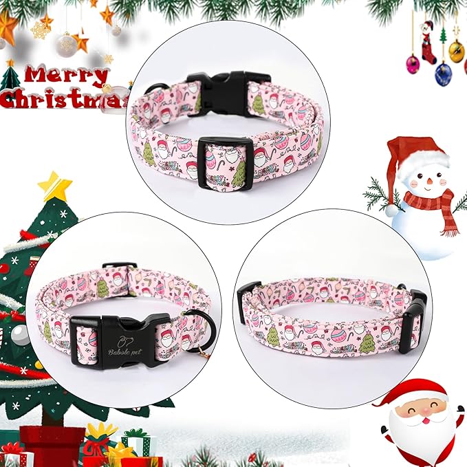 Christmas Dog Collar for Small Dogs - Cute Santa Print Pink Christmas Collars for Dogs, Soft Adjustable Winter Holiday Dog Collars with Quick Release Buckle S