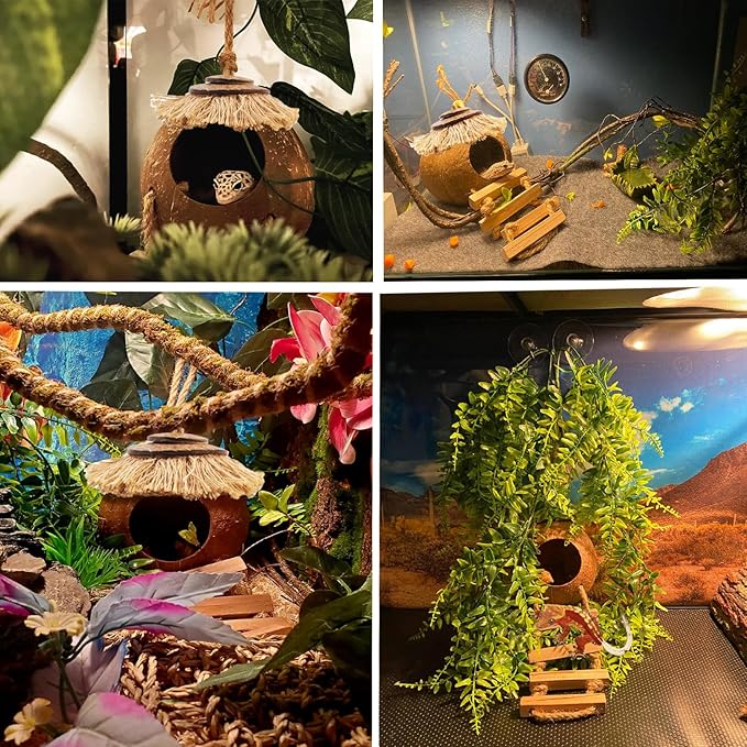 Crested Gecko Tank Accessories Coconut Hide with Ladder,Leopard Gecko Coconut Hut Hideout Hanging Lizard Seagrass Hammock Dragon Cage Lounger Jungle Vine Flexible Leaves Reptile Tank Decor