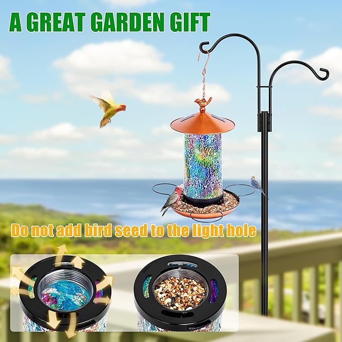 Ottsuls Solar Bird Feeder for Outdoors with Pole, Luxury Mosaic Glass Metal Vintage Lantern Standing, Pretty Garden Gift for Birthday Women, Men, Mom, Dad,Grandma