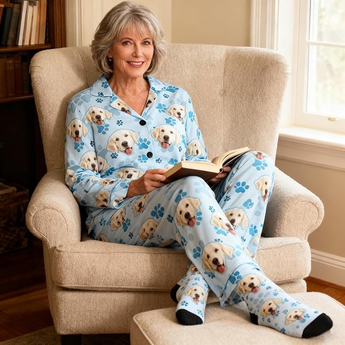 D-Story Personalized Pajamas with 1-8 Faces for Women Men, Custom Christmas Pjs, Pajamas Gifts For Family,Cat Mom,Dog Mom