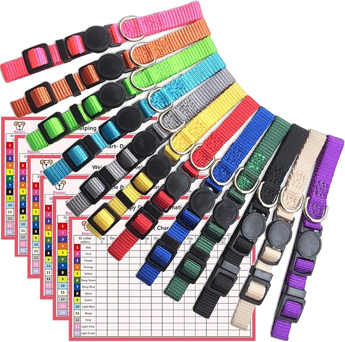 Puppy Collars for Litter,Puppy Collars for Small Puppies Soft Nylon Safety Whelping Litter Collar for Newborn Pets with Record Keeping Charts 12pcs(M)