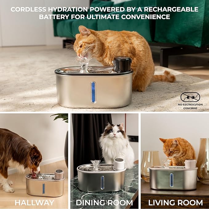 Wireless Cat Water Fountain Stainless Steel 108oz/3.2L, Cordless, Battery Operated Cat Fountain (Last up to 50 Days), Ultra Quiet, 2 Flow Modes, Multi-Filtration, BPA Free, Includes 2 Filters - Black