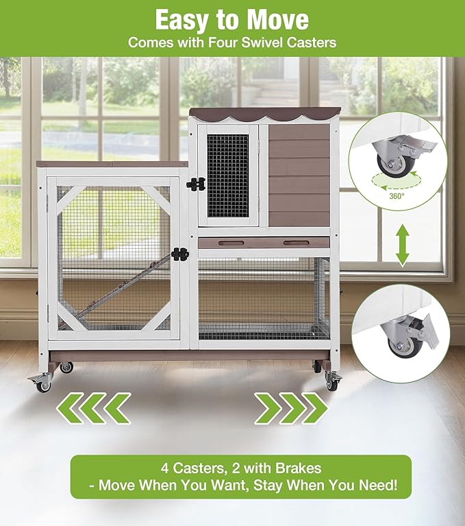 GUTINNEEN Duplex Rabbit Hutch Indoor with Chew-Proof Frame & 2 Leak-Proof Sliding Trays, Rain Cover, Wooden Guinea Pig Cages with Wheels - Brown