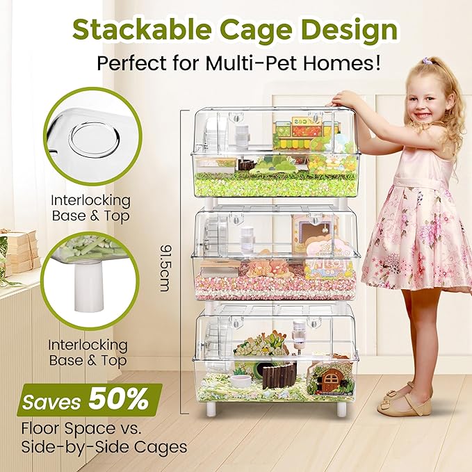 Acrylic Hamster Cage with All Accessories,Dwarf Hamster Cage with Stand,Syrian Mouse Cage for pet mice,Rat Cage for Hamster,Succulent Style Hamster House（19.84''L*11.42''W*10.39''H）