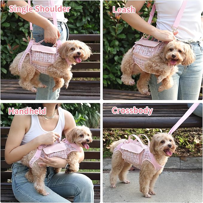 Dog Lift Harness Backpack for Small Dogs, Adjustable Straps Dog Sling Carrier for Hiking, Travel, Outdoor – Pink Large