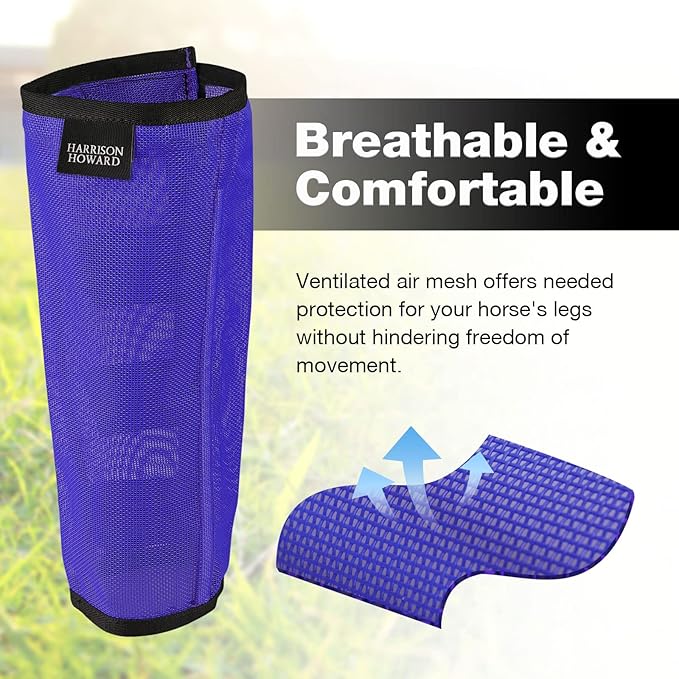 Harrison Howard Loose Fitting Fly Boots UV-Protective Extra Tough Mesh Ventilated Four Fasteners Stay-on Design Protect Horse Legs & Stomp-Reducing Set of 4 Deep Navy Large