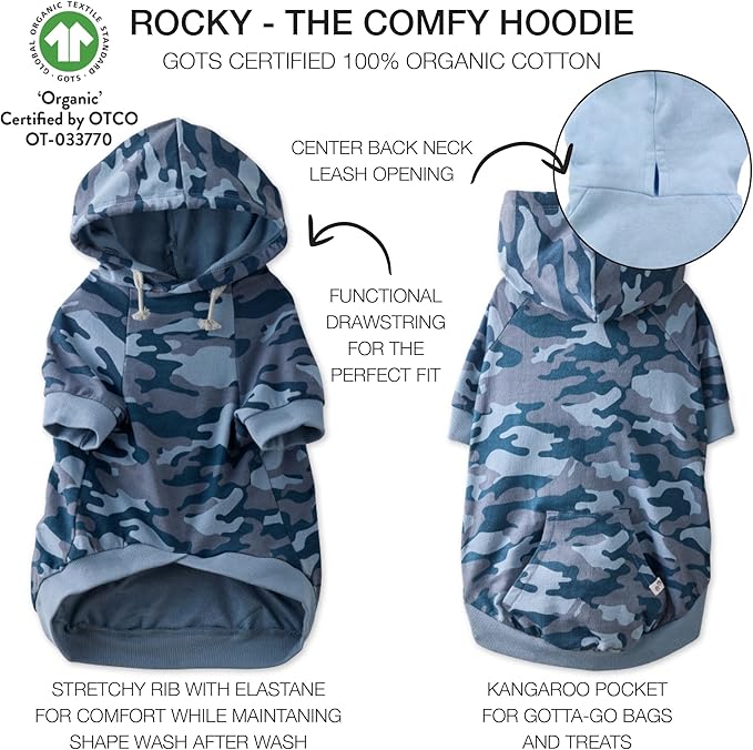Rocky – The Orginal Lightweight Hooded TEE 100% Organic Cotton Dog Hoodie Pet Coat Sweater for Small, Medium, Large Dogs, Navy Camo, X-Large