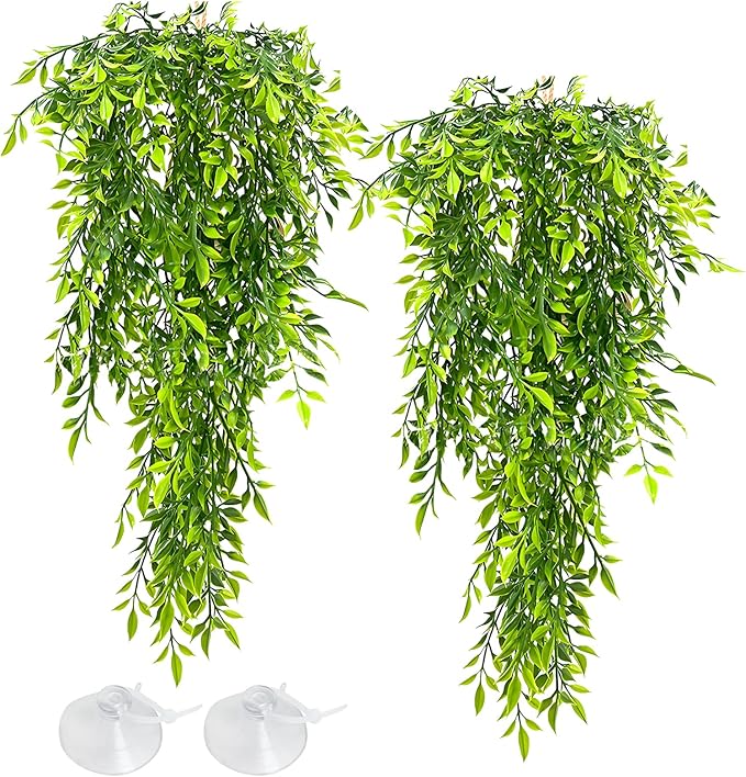 Hamiledyi Tank Habitat Decorations 2 PCS Terrarium Hanging Plants with Suction Cups Reptile Plants Artificial Leaves Reptile Hide for Lizard, Snake, Bearded Dragon, Leopard Gecko, Chameleon